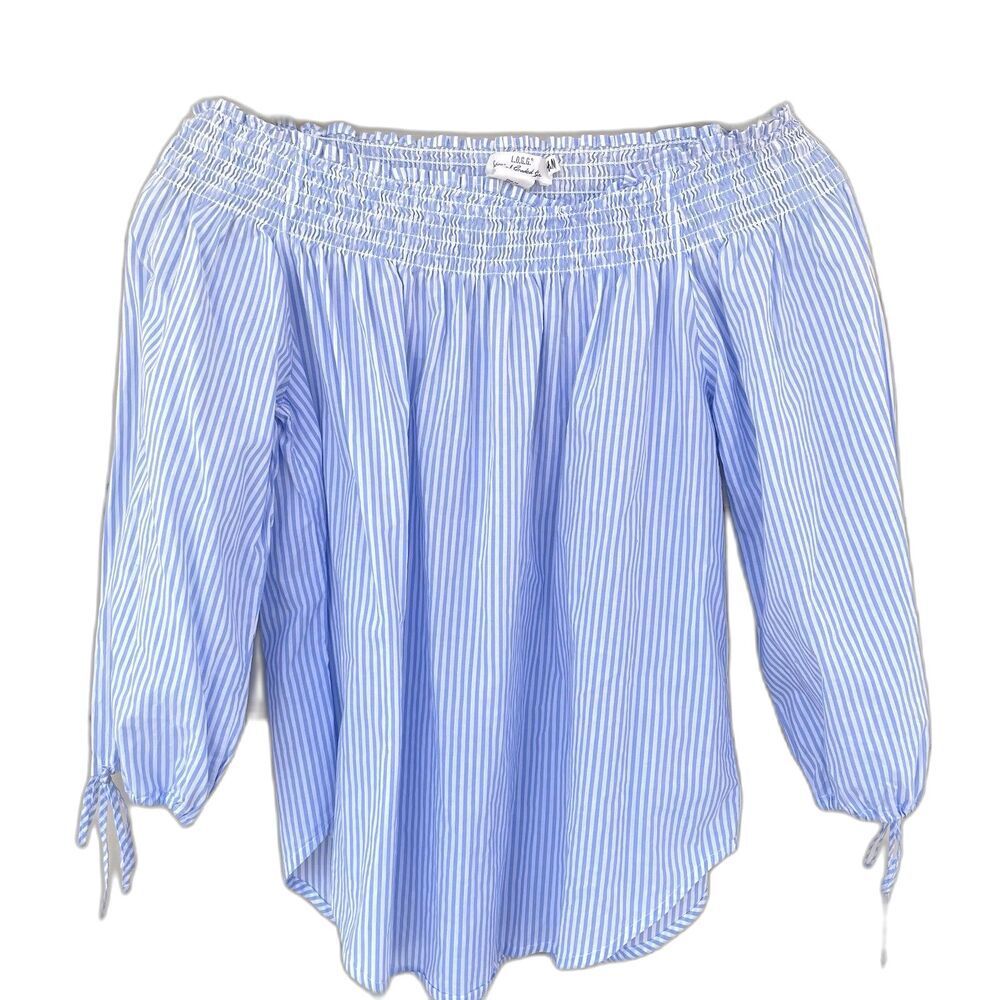 H&M Off the Shoulder Blue and White Striped Elbow Length 100% Cotton Top Size 4